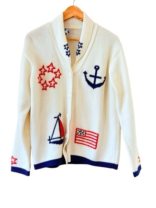 EXCLUSIVELY FOR CARINA Vintage Made In Republic Of Korea Nautical Cardigan L
