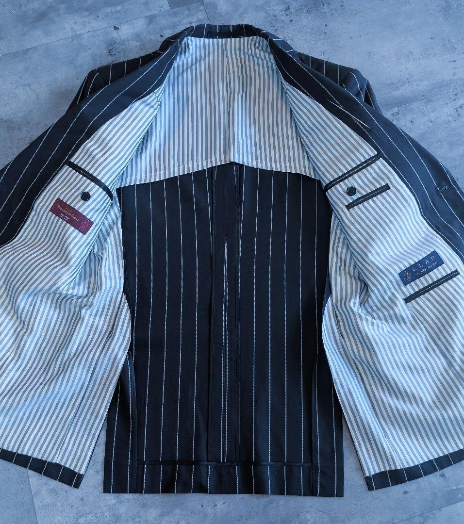 ERMENEGILDO ZEGNA Chalk Stripe Suit Black Cotton Silk Slim Fit 38R 2 Piece