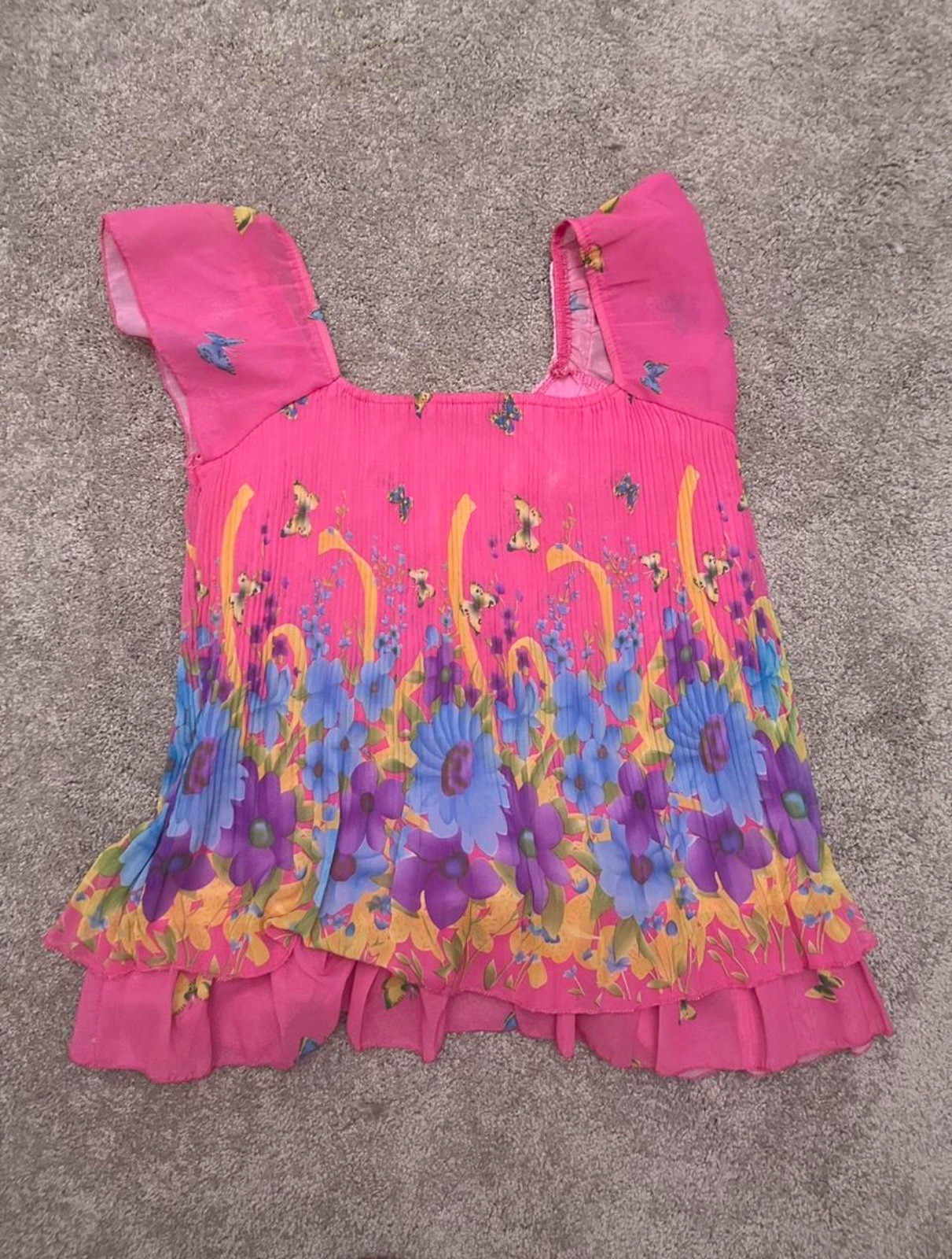 Pink Floral Embellished Sequin Flutter-Sleeve Blouse Top Women’s Size M