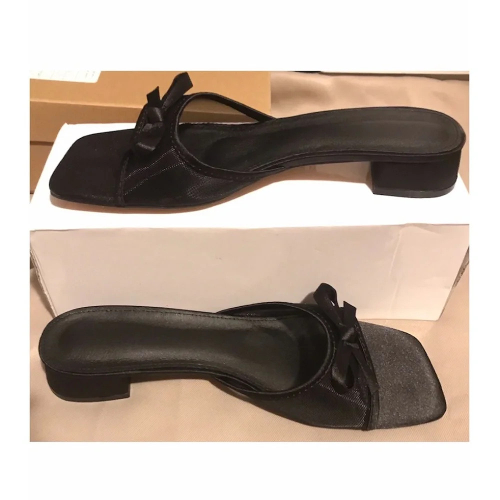 Black Low Block Heels With Black Mesh and Bow Size 8.5 “40”