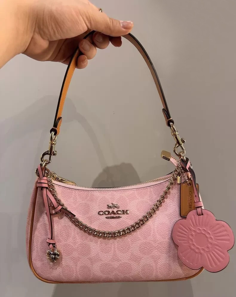 NWT Coach Gold Powder Pink Teri Shoulder Bag Signature with Charms CEA20