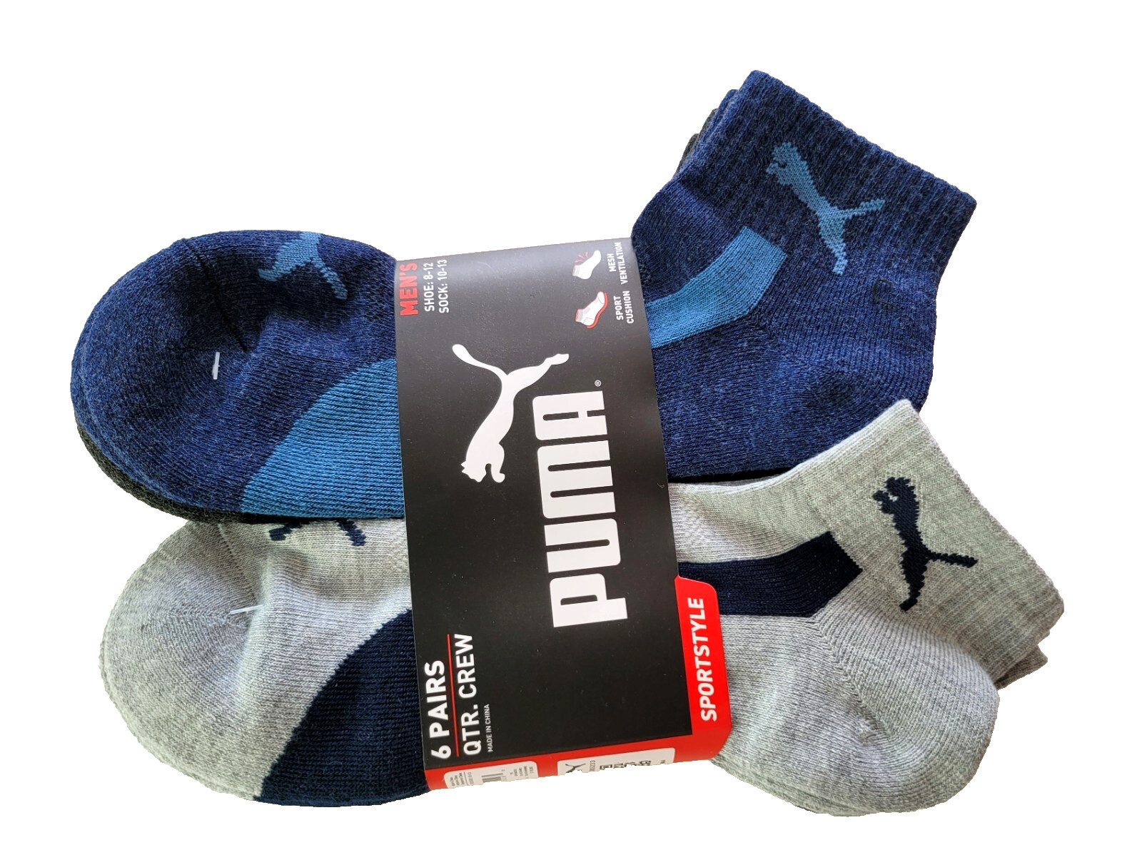 Puma Men’s Quarter Crew Socks 6 Pack L Blue Black Gray Half Terry Sport Cushion