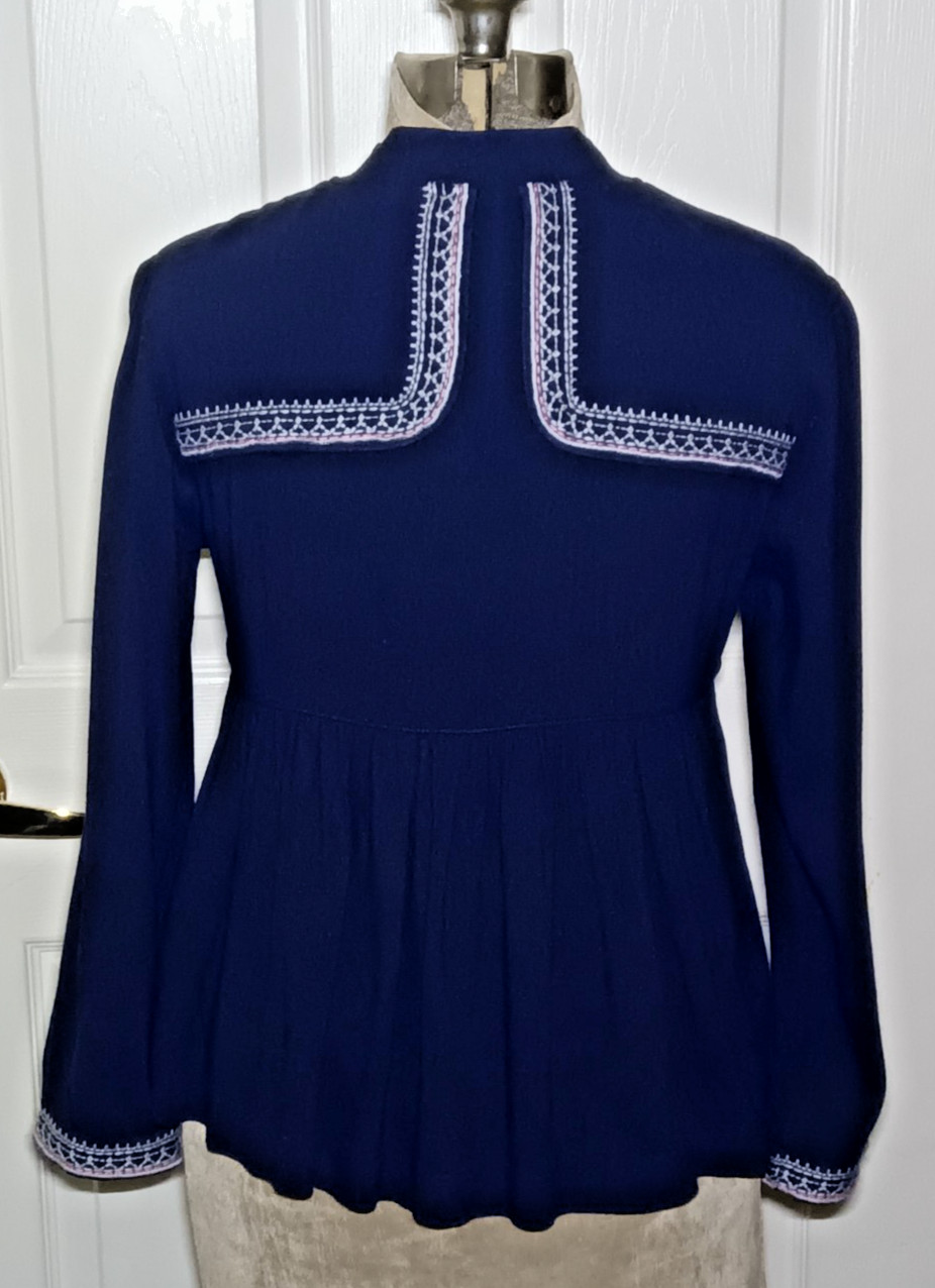 Octavia Zip Front Smocked Shirt Cotton 3/4 Sleeve Swing Peblum Fair Isle Size S