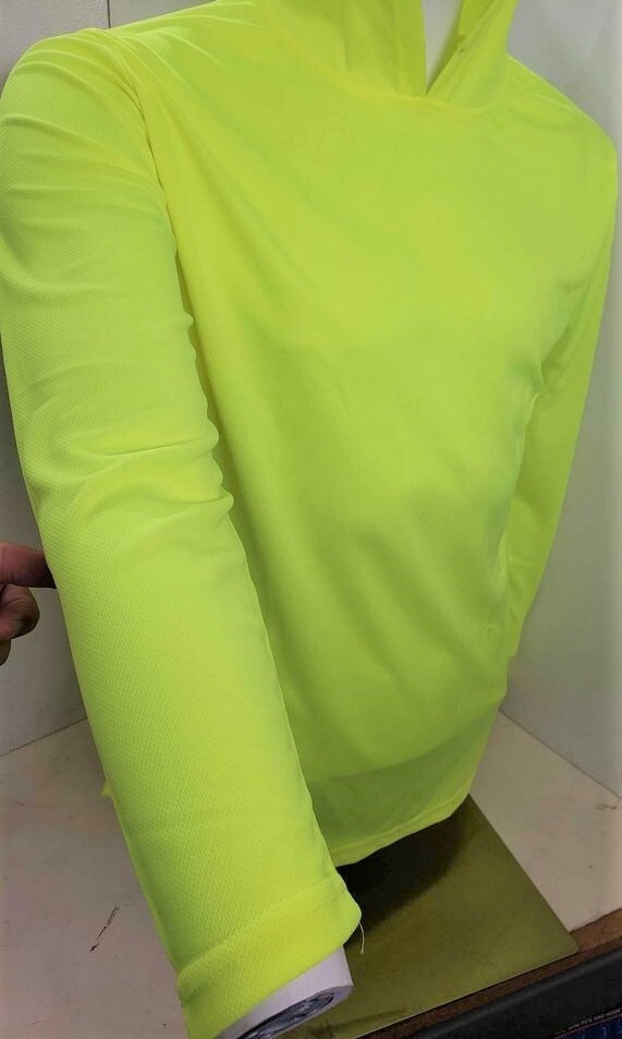 Neon Yellow Long Sleeve Shirt With Hoodie, Polyester birdeye mesh fabric