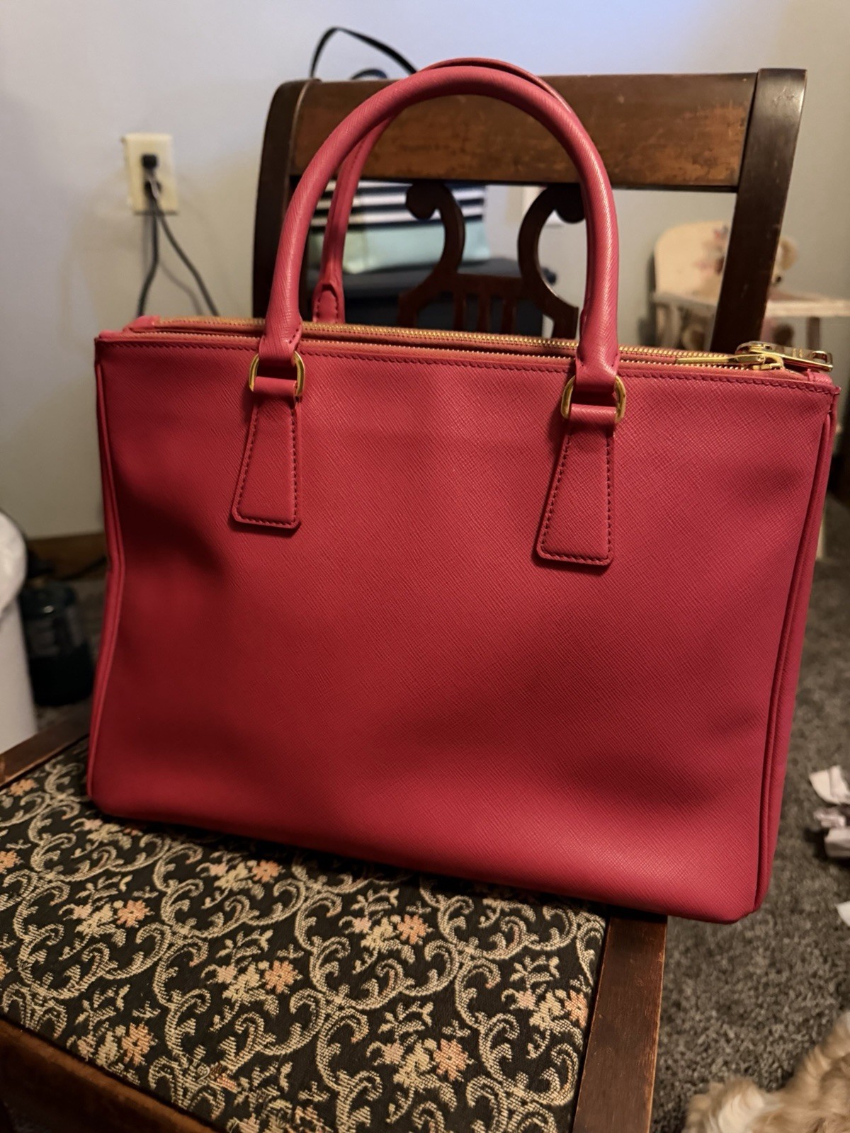 PRADA Pink Saffiano Satchel Top Handle Bag Zip, Detachable Strap, Gold