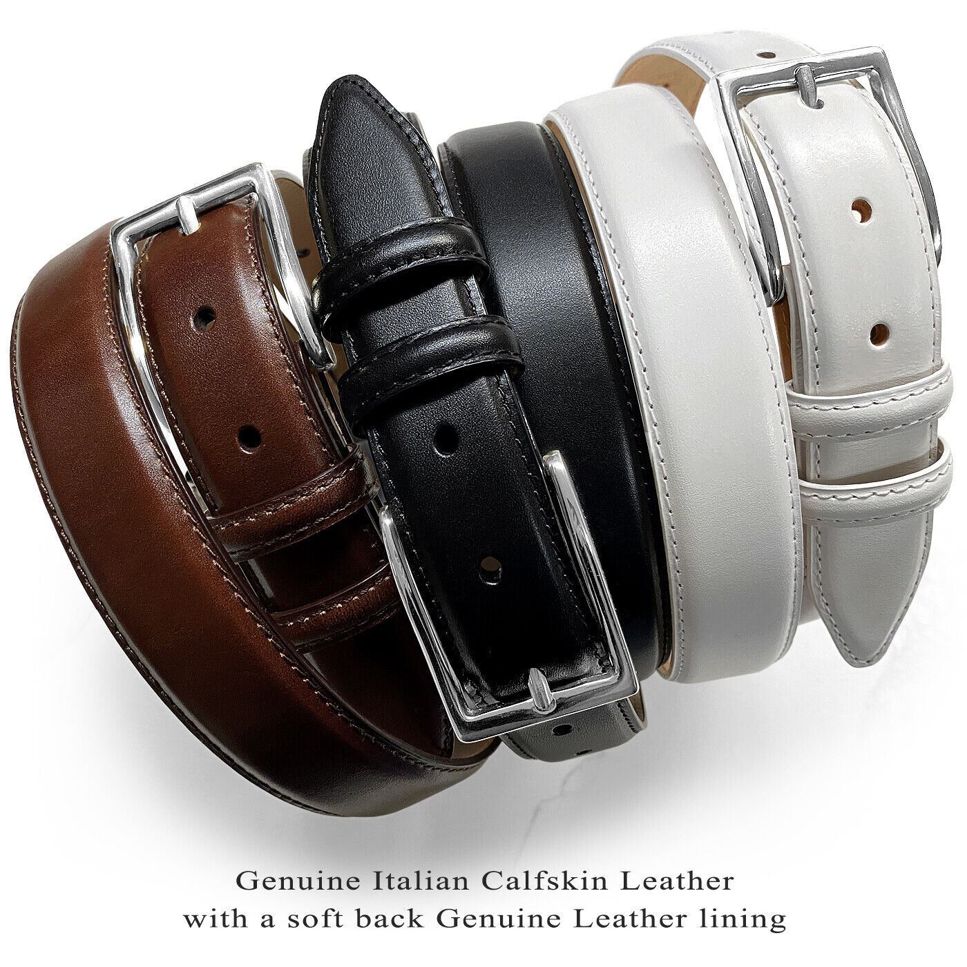 Adam Genuine Italian Calfskin Leather Dress Belt 1-1/8″ Wide With Silver Buckle