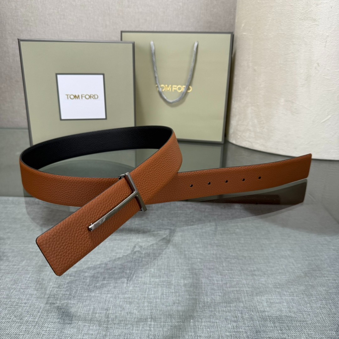 Tom Ford Belt T-Buckle Reversible Brown/Black Calfskin Leather Belt