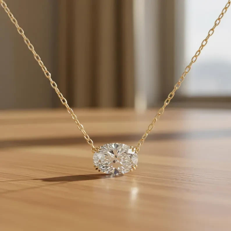 Oval Cut lab Created Diamond Solitaire Pendant Necklace 14K Yellow Gold Plated