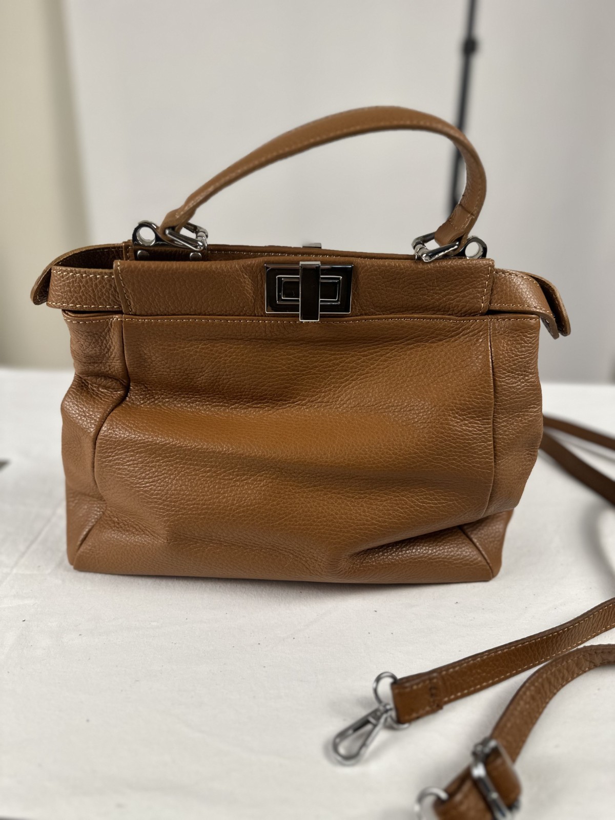 Italian Leather Handbag Carmel Pebbled Leather Top Handle Satchel Purse