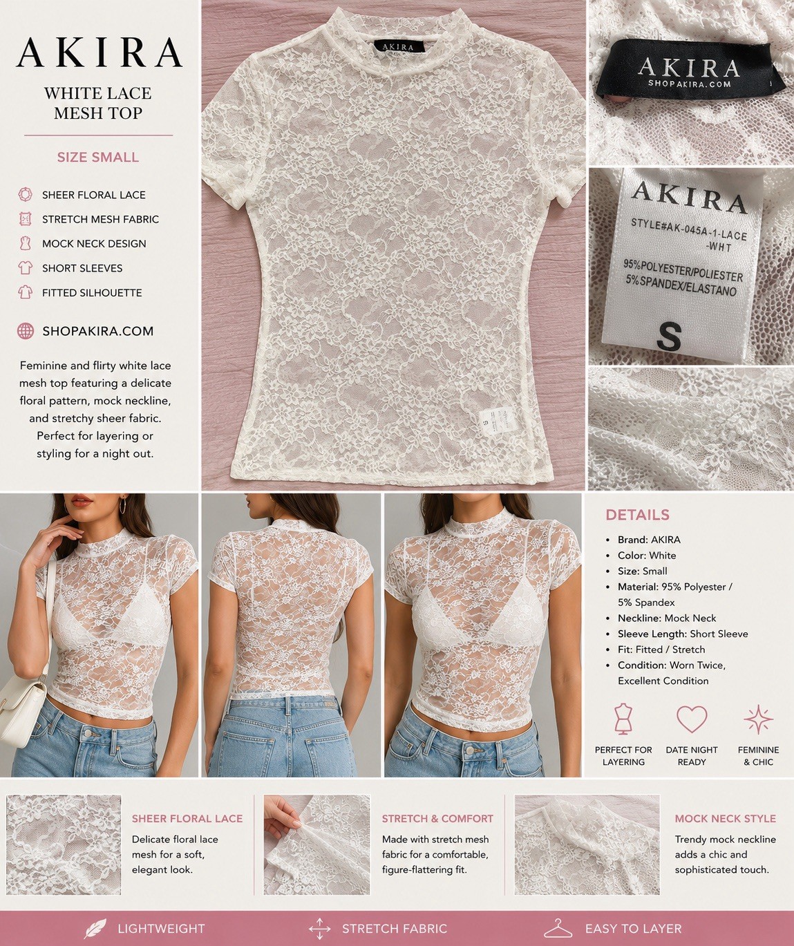 AKIRA White Sheer Floral Lace Mock Neck Short Sleeve Fitted Top Size S