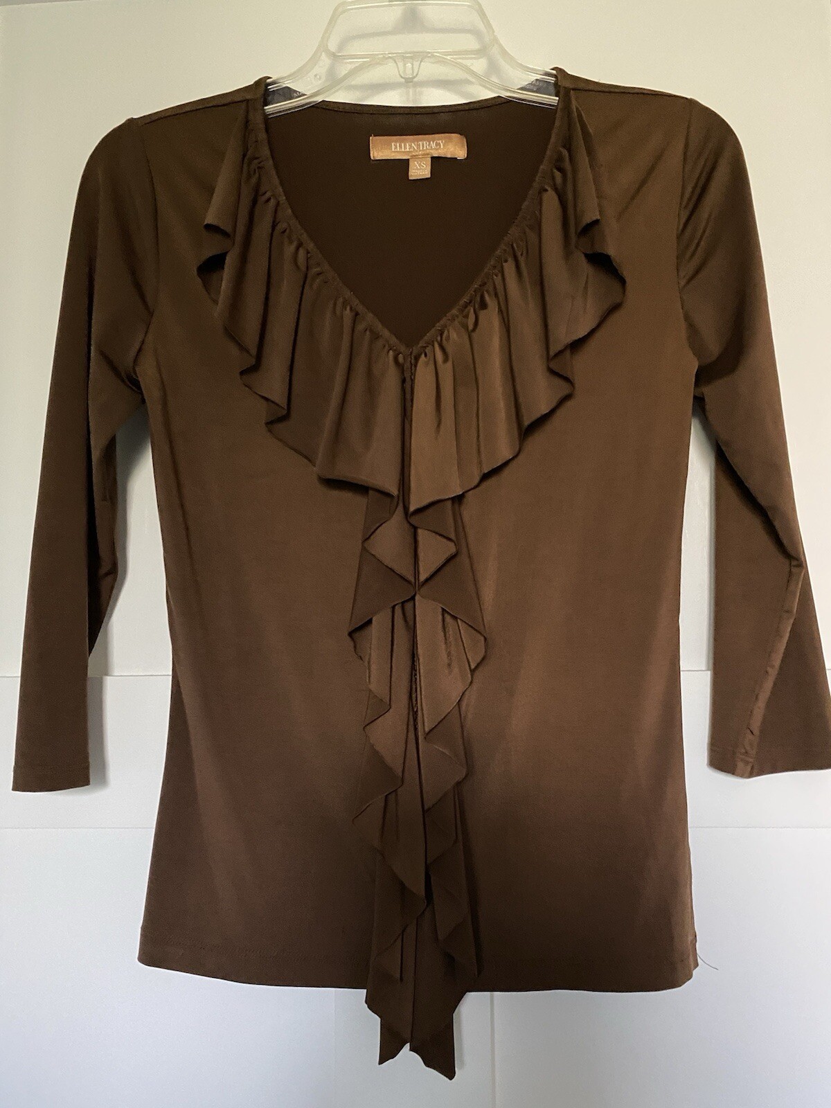 Ellen Tracy Women Top (XS) Brown Ruffle Front NWOT Long Sleeve Polyester Spandex