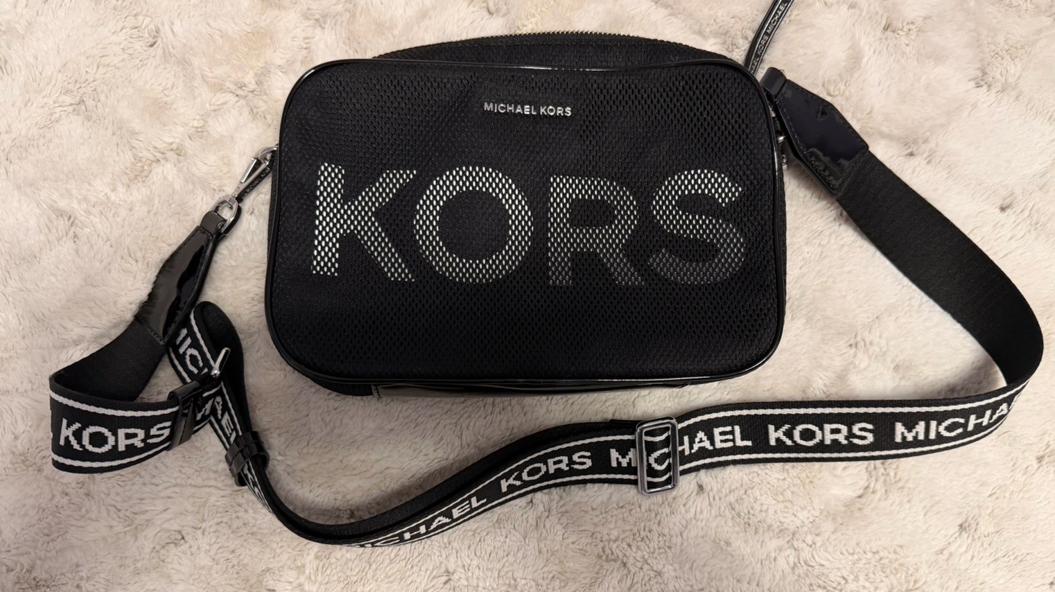 Michael Kors Black Logo Crossbody Bag Small, Adjustable Strap, Zip, Silver