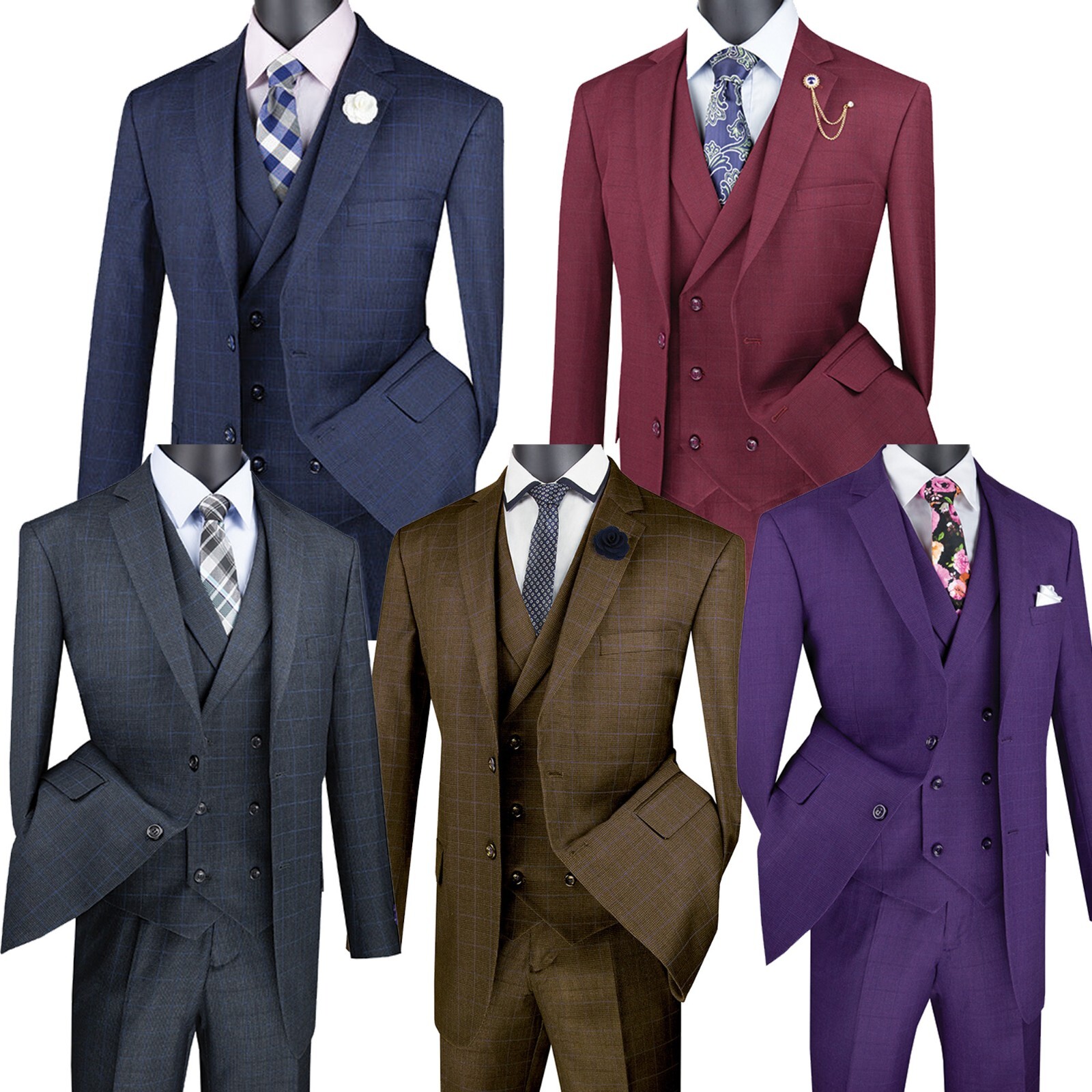 Charcoal Vinci Men Regular Fit Glen Plaid 2 Button 3 Piece Suit NEW