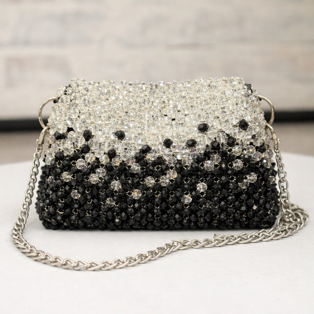 Black Crystal Beaded Bag for Date Night Purse Handmade Evening Bag for Wedding