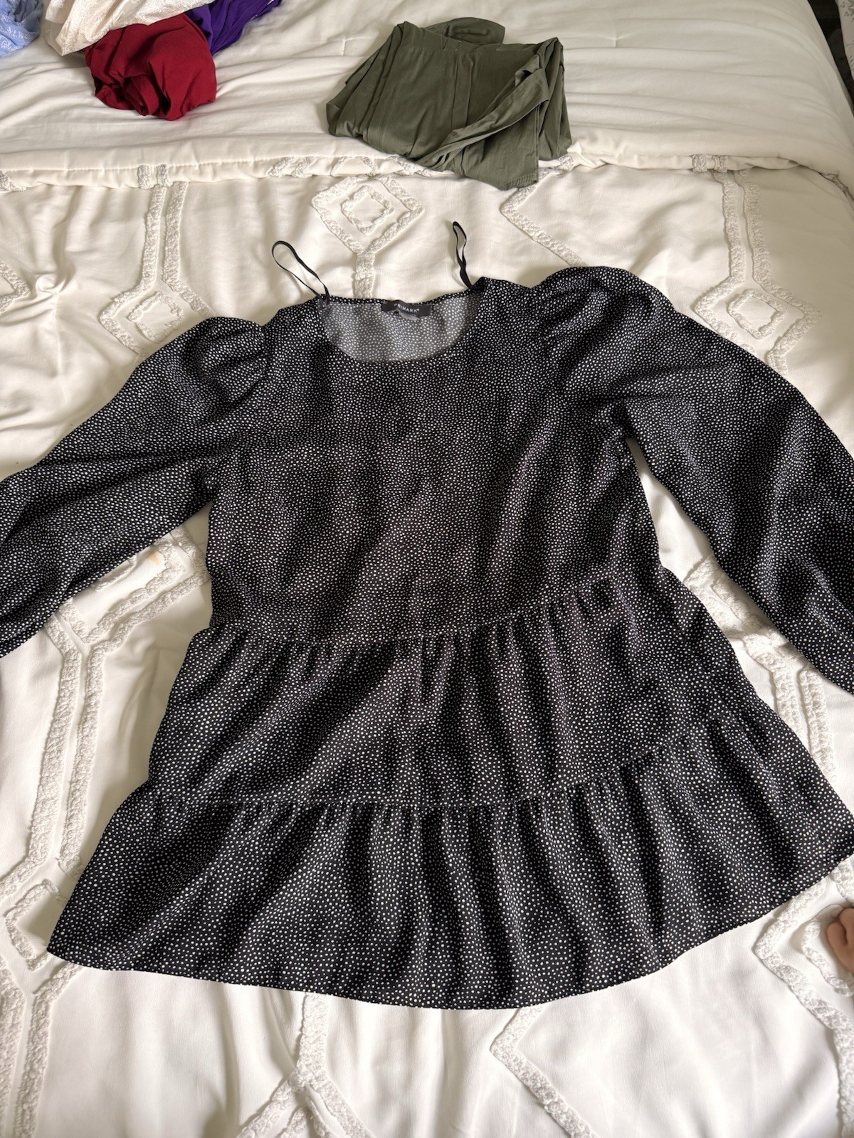Primark Women’s Size 10 Black/White Polka Dot Chiffon Peplum Puff Blouse