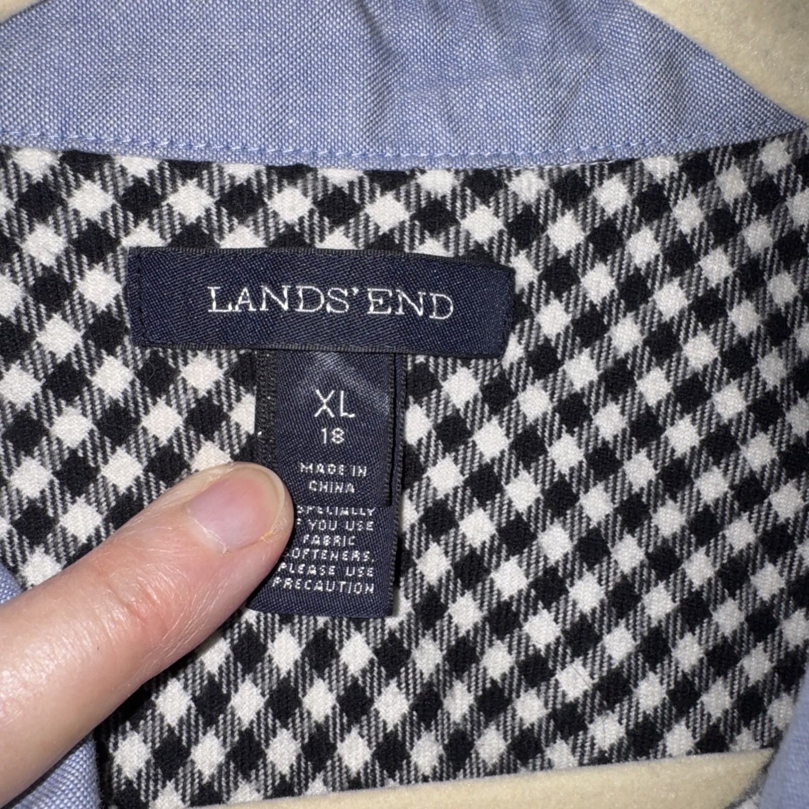 Lands End Womens Flannel Black White Checkered Button Up Top Blouse Size 18 XL