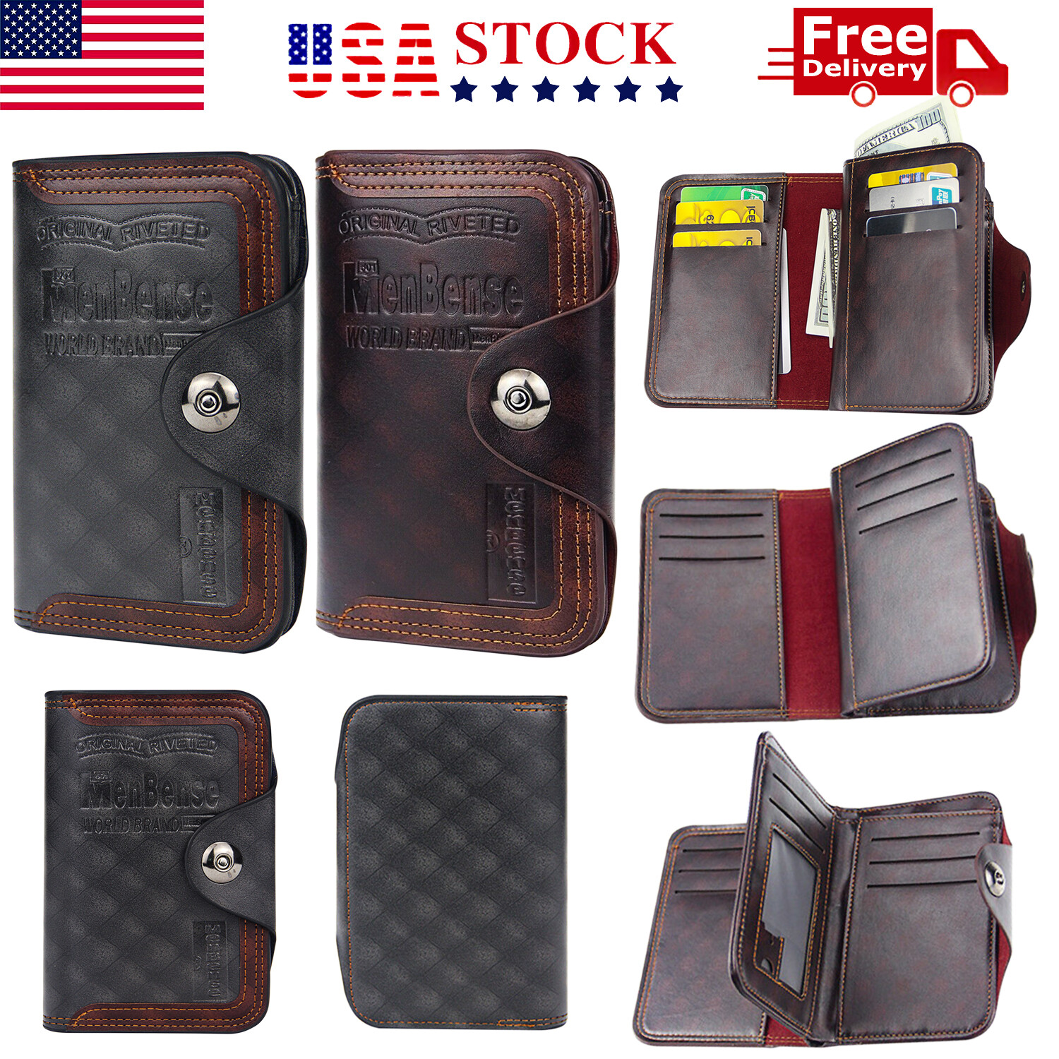 Mens Men’s S4 Retro Leather Vertical Section Credit Card Holder Wallet with Hasp