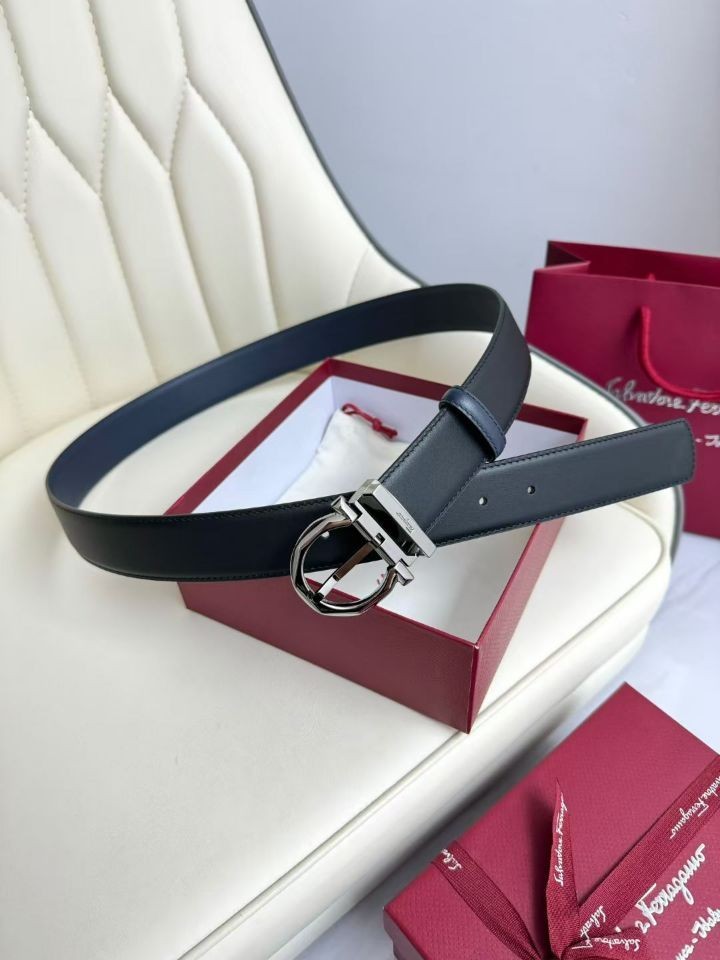 ADJUSTABLE REVERSIBLE DARK BLACK/BLUE SALVATORE FERRAGAMO BELT SILVER BUCKLE