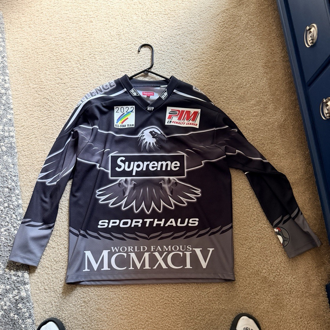 Supreme MVP Men’s Hockey Jersey Black/Gray Long Sleeve V-Neck All-Star Patch