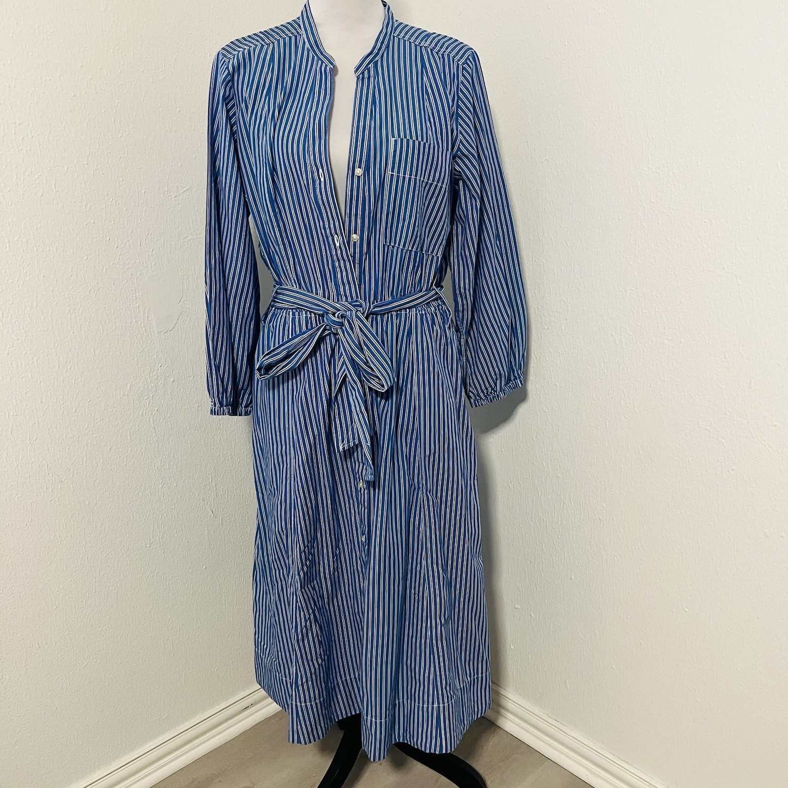 Free Assembly Women’ Belted Midi Long Sleeve Shirtdress Pockets Large 100 Cotton