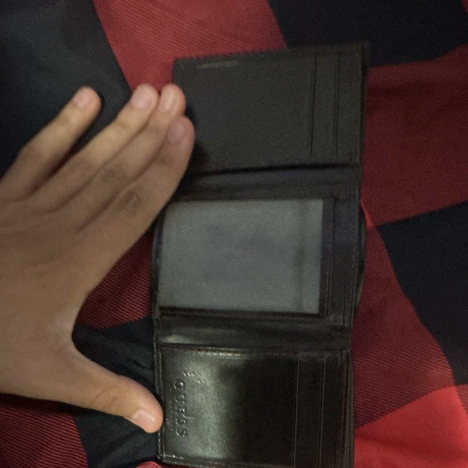 GUESS Men’s Black Trifold Wallet w/ Logo, ID Window & Credit Card Slots