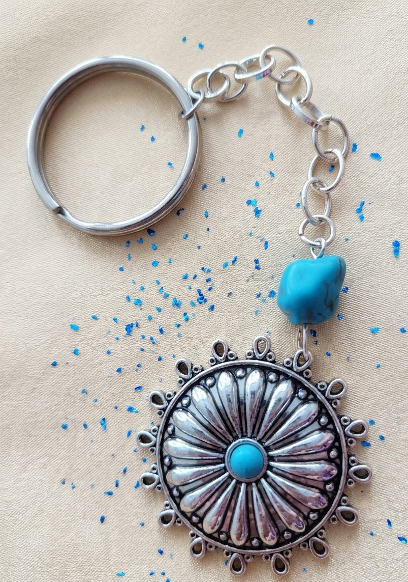 Southwestern Turquoise Flower Metal Keychain | Boho Floral Charm Accessory