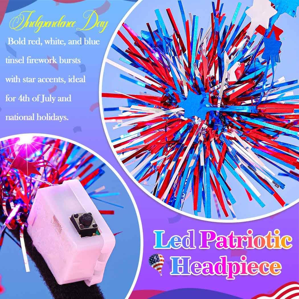Patriotic Light up Headband Red White Blue Tinsel Star Headband 4Th of July Acce