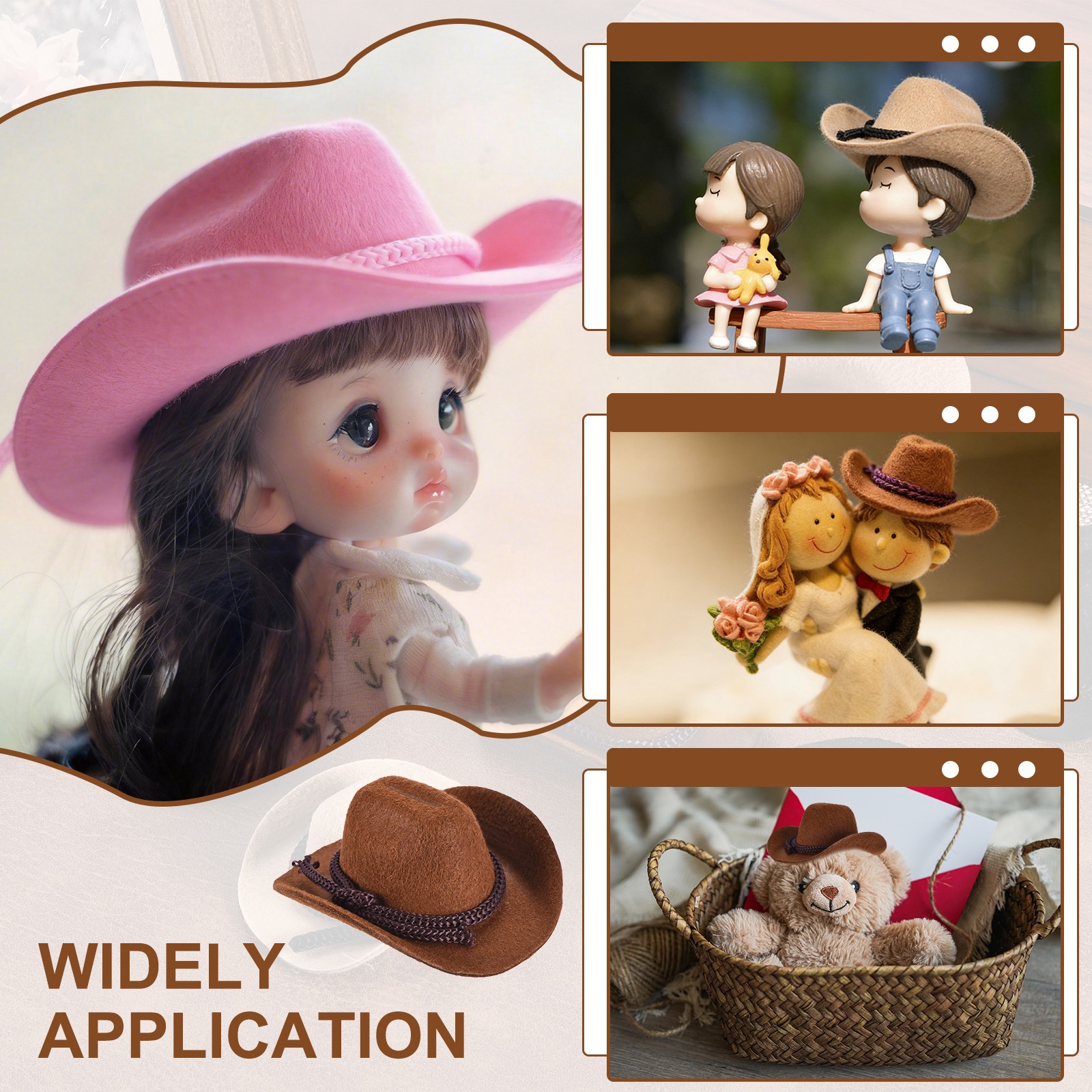 Brown Mini Cowboy Hats for Crafts Dolls Wedding, 8.5cm x 7.1cm x 4cm