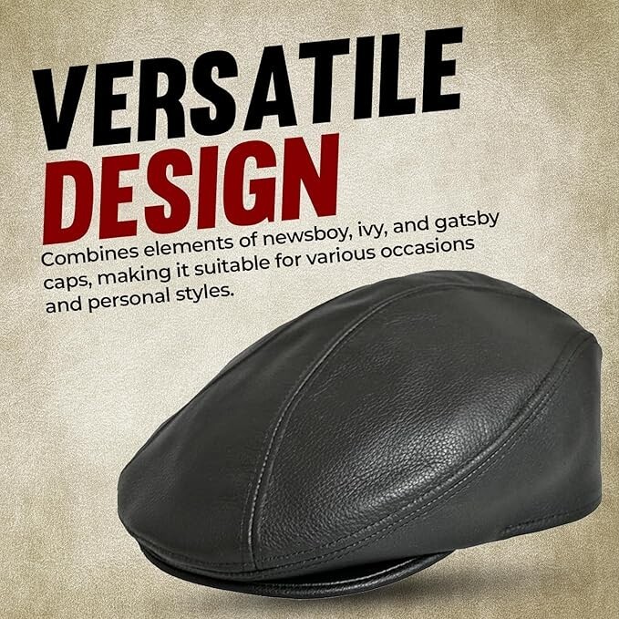 Men’s Real Leather Gatsby Black Cap Golf Driving Ascot Flat Cabbie Ivy Newsboy