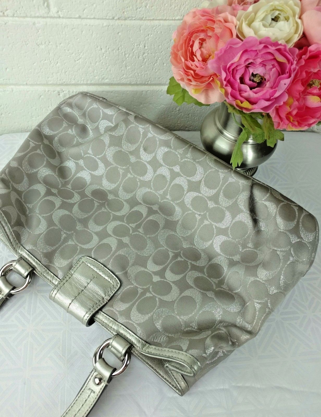 COACH TOTE SILVER SIGNATURE C JACQUARD/ LEATHER No. F18912 SATCHEL HANDBAG