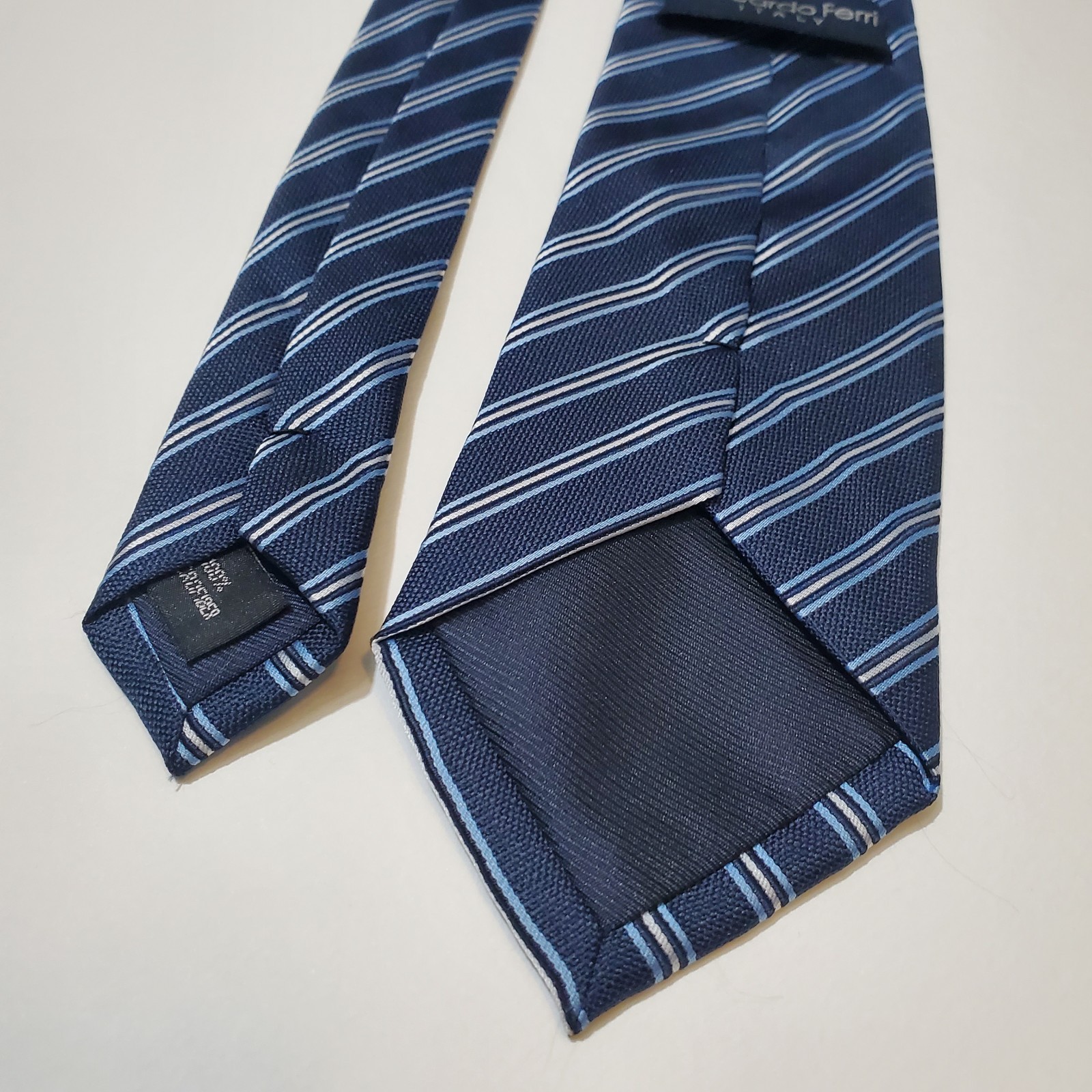 RICCARDO FERRI Italy Men’s NeckTie Blue Striped 100% Polyester Micro Fiber 58″ L