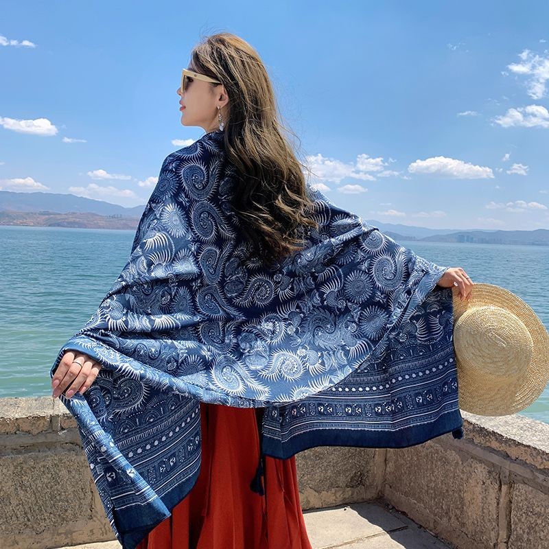 Ethnic Cotton Linen Scarf Shawl Wrap Warm Cover for Spring Fall Travel Photo
