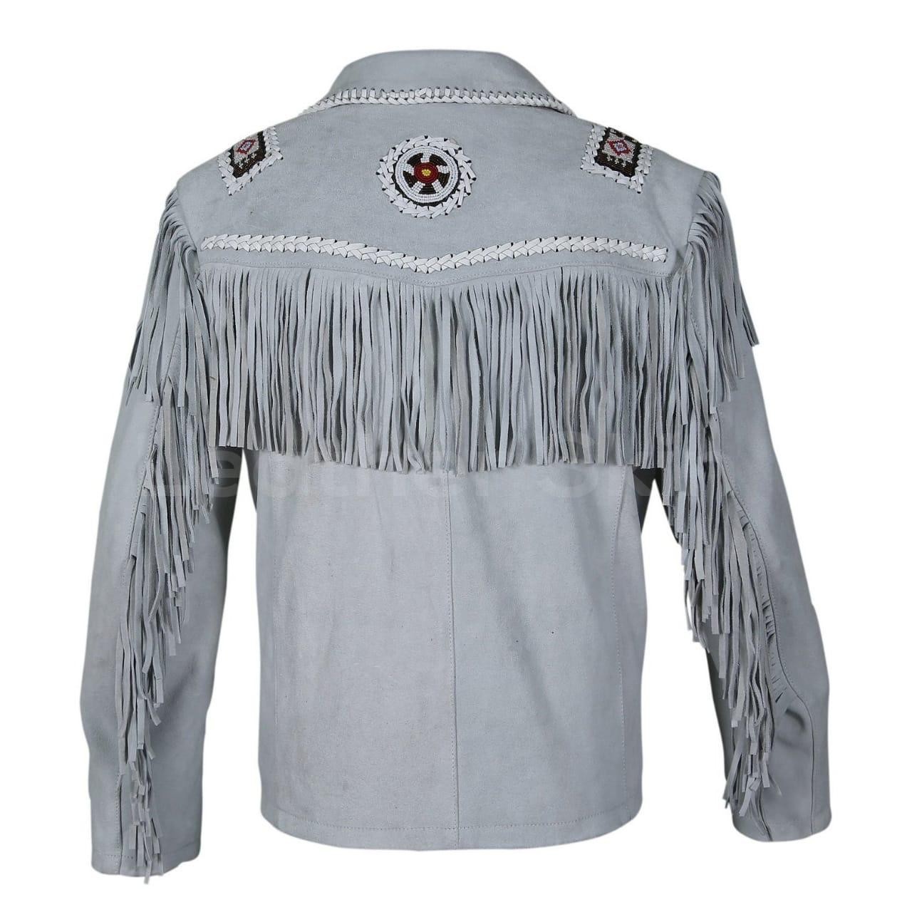 Men’s Grey Suede Leather Cowboy Jacket Western Fringe Beaded Native American