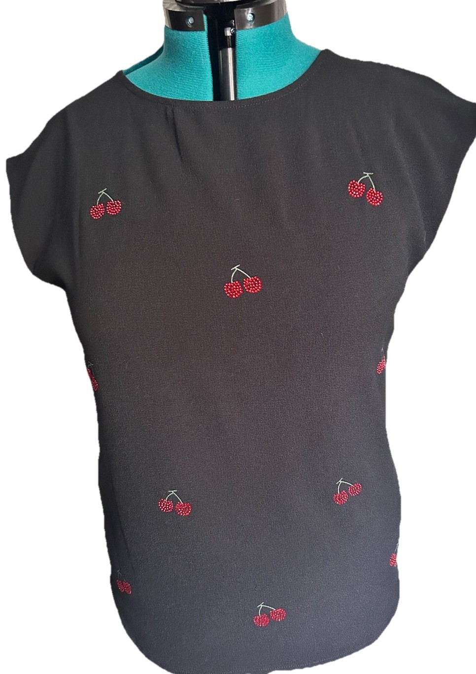 Marc New York Andrew Marc Womens Small Black Cherry Print Blouse Coquette Top