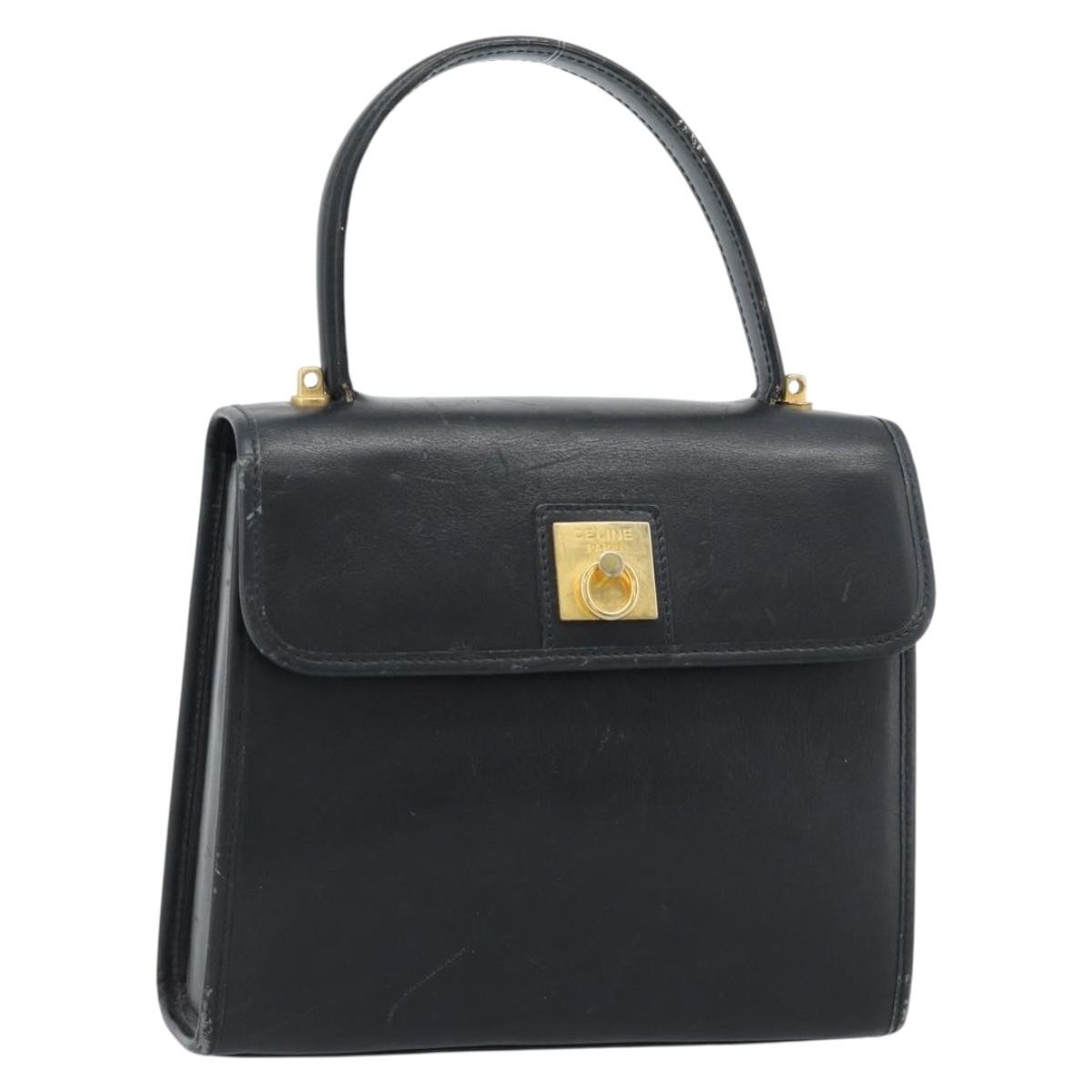 CELINE Hand Bag Leather Black Gold Auth 185125
