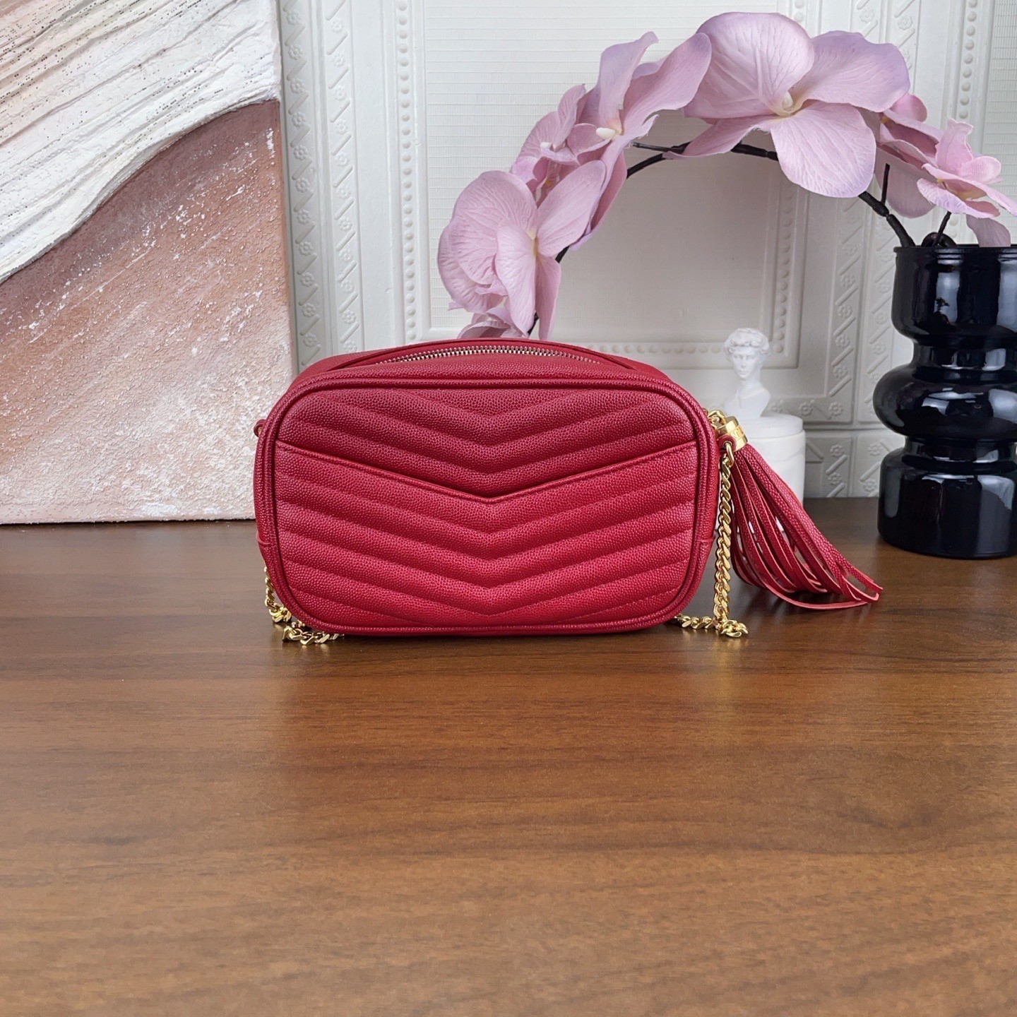 Saint Laurent Red Full Leather Tassel Camera Bag, （19×5×11）cm