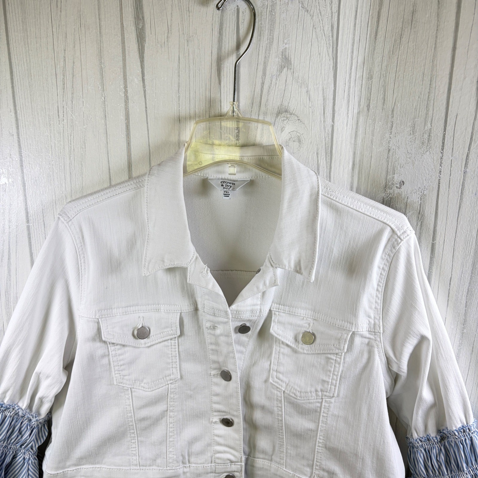 CROWN & IVY White Denim Jacket Blue Pinstripe Bell Sleeves and Hem, XLP