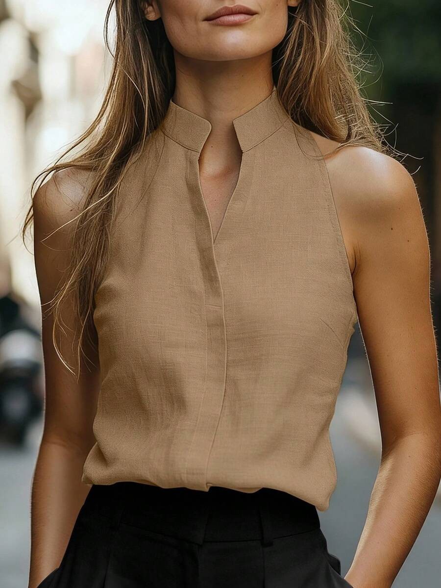 Notched Neck Tank Top Button Casual Sleeveless Linen Look Blouse Shirt New