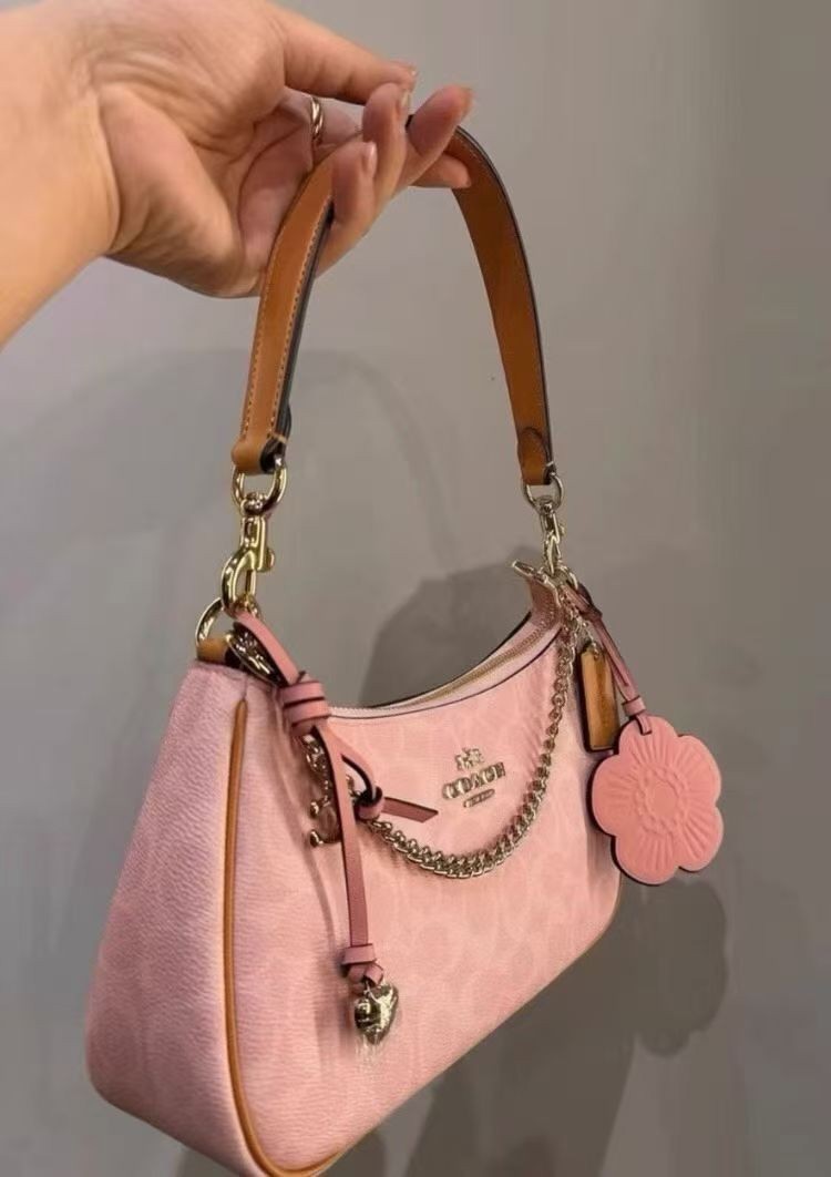 NWT Coach Gold Powder Pink Teri Shoulder Bag Signature with Charms CEA20