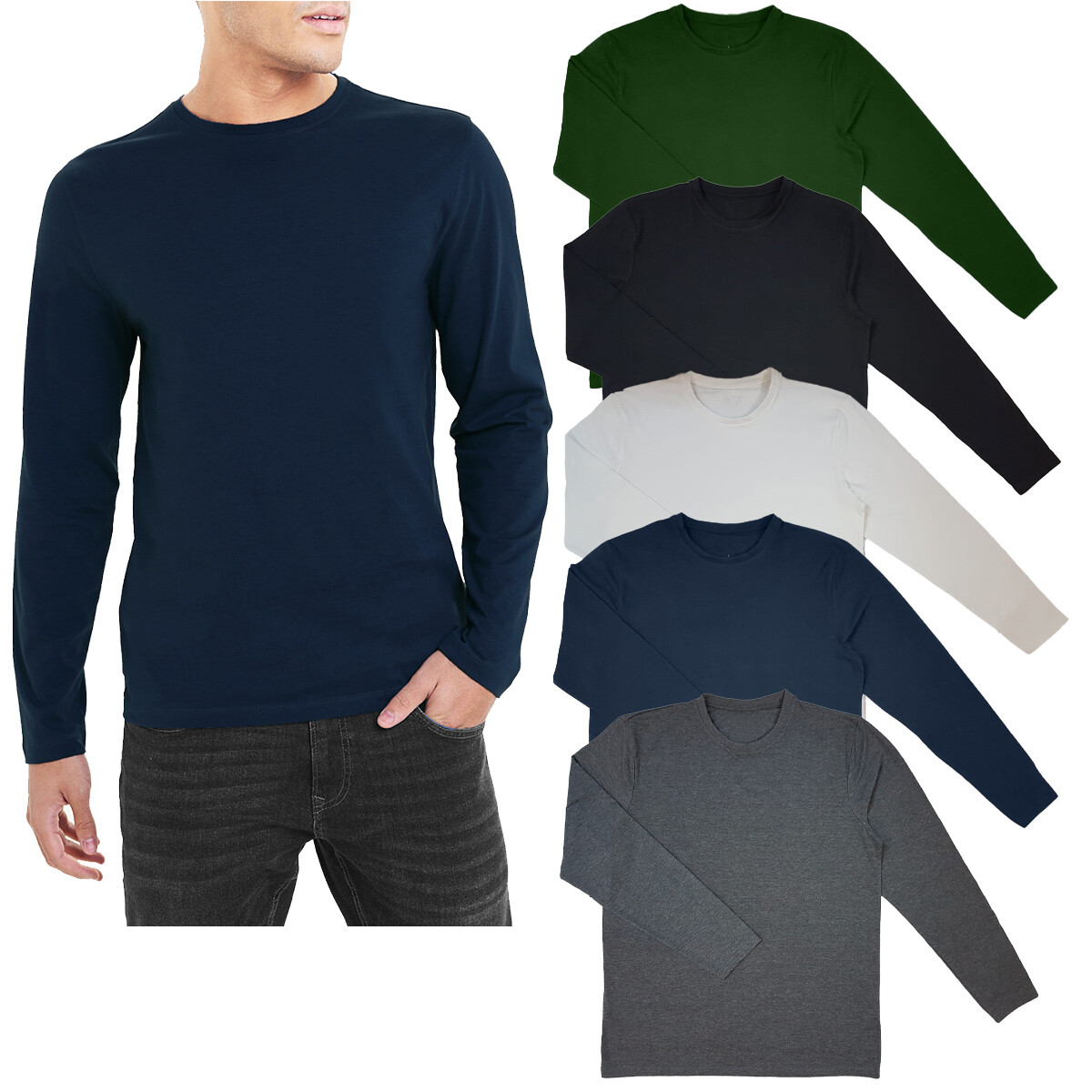 Mens Long Sleeve T Shirt Plain Cotton Crew Neck Slim Fit New Casual Basic Top