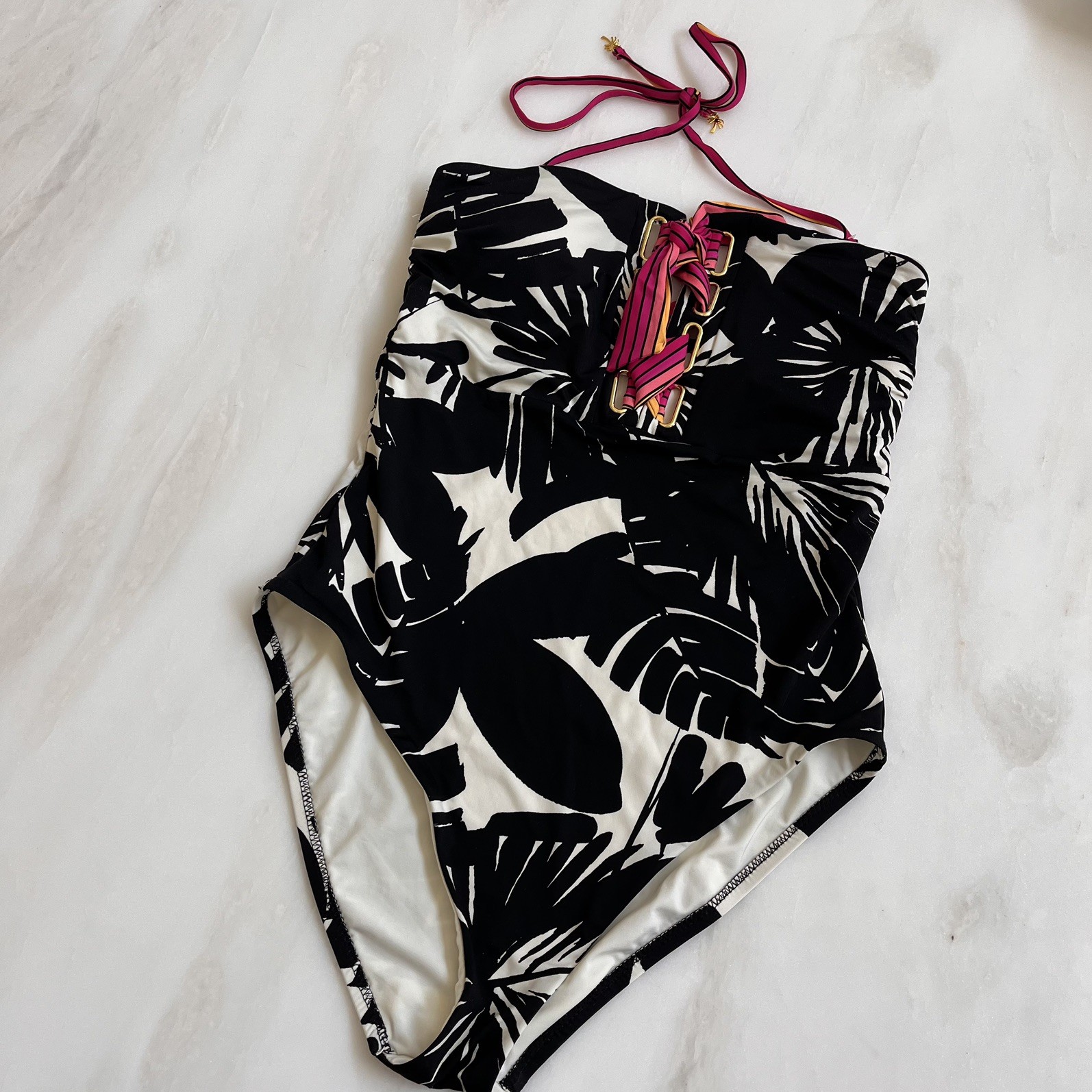 TRINA TURK Size 10 NWT Black White Lennox 1 Pc Lace Up Halter Bandeau Swimsuit