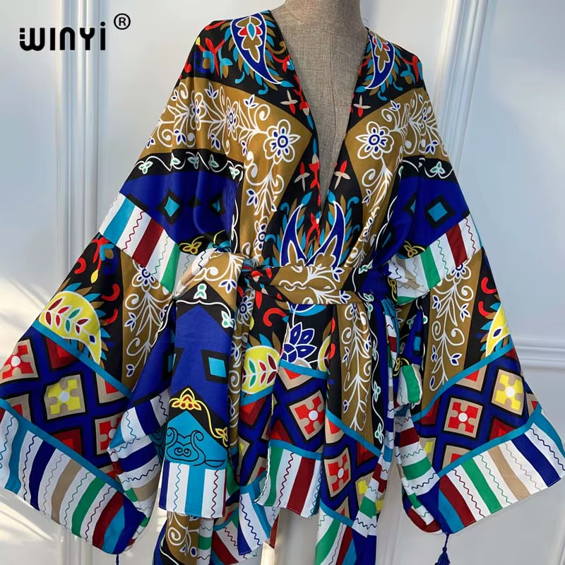 Red Africa Dress Women Cardigan Silky Robe Kimono Dress Cruise Wear Beach Dress
