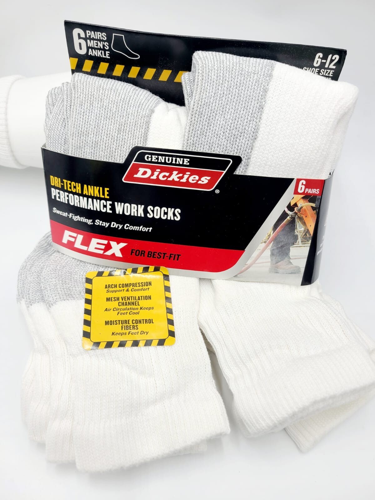 Dickies Men’s Dri-tech Moisture Control Ankle Socks 6 Pairs Size 6-12 White/Gray