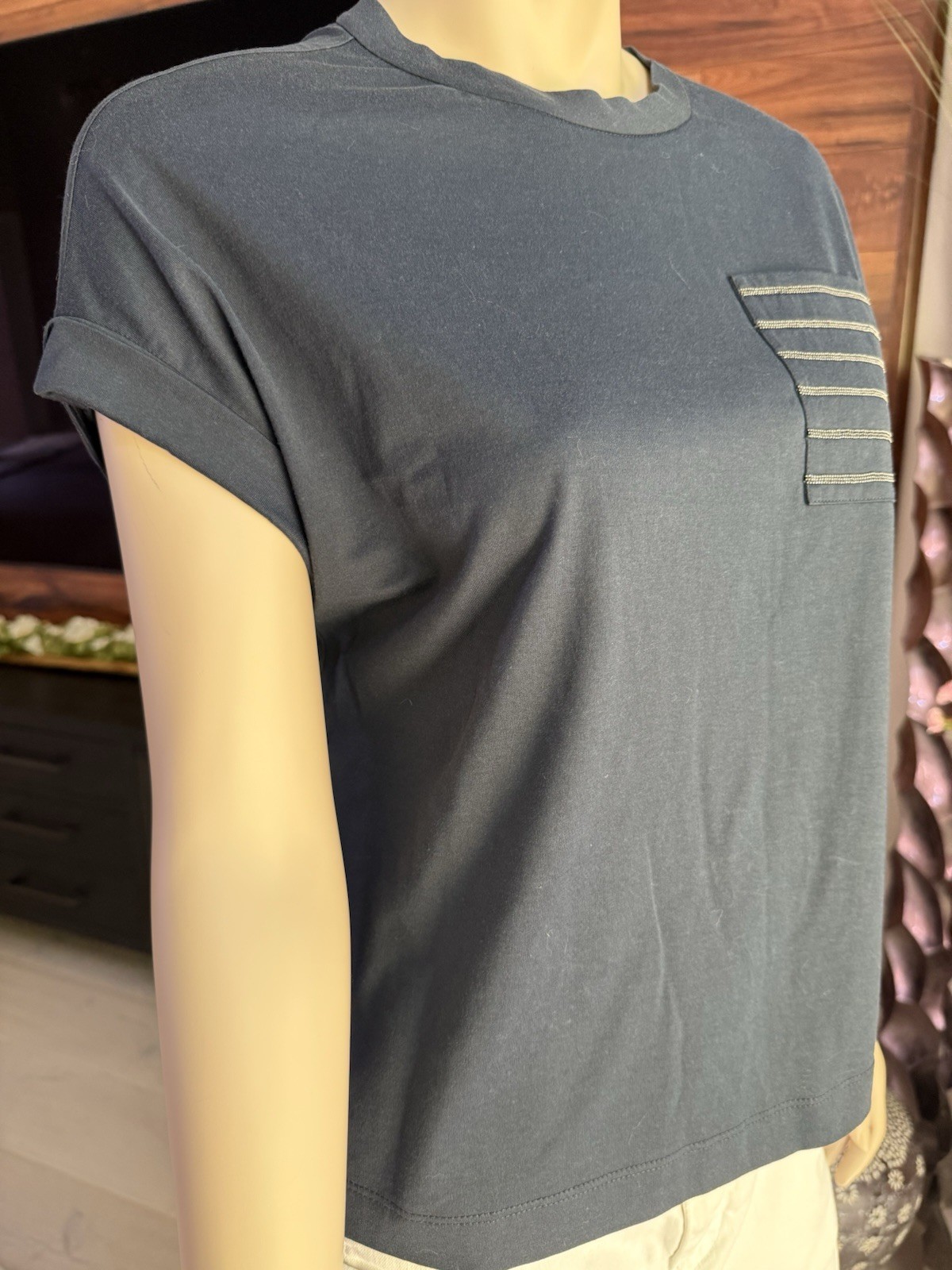BRUNELLO CUCINELLI Embellished pocket T-shirt Navy Blue Size XS