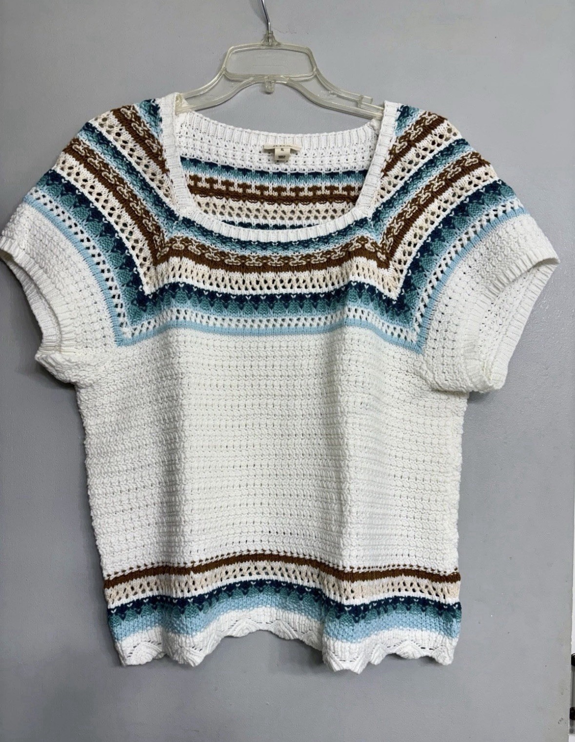 a.n.a White/Blue/Brown Striped Crochet Open-Knit Pullover Sweater Womens XL