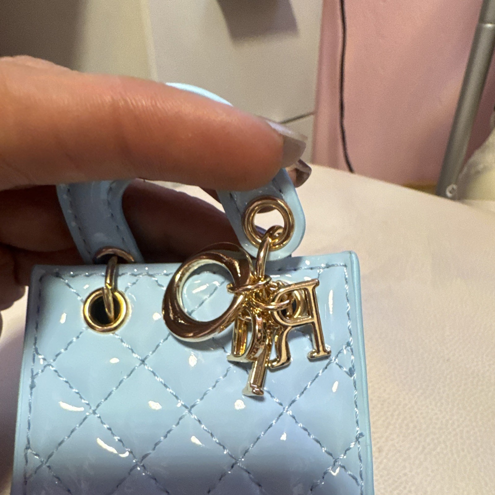 Quilted Mini Handbag Key Chain Bag Charm w/ Keyring, Faux Leather, Blue Gold