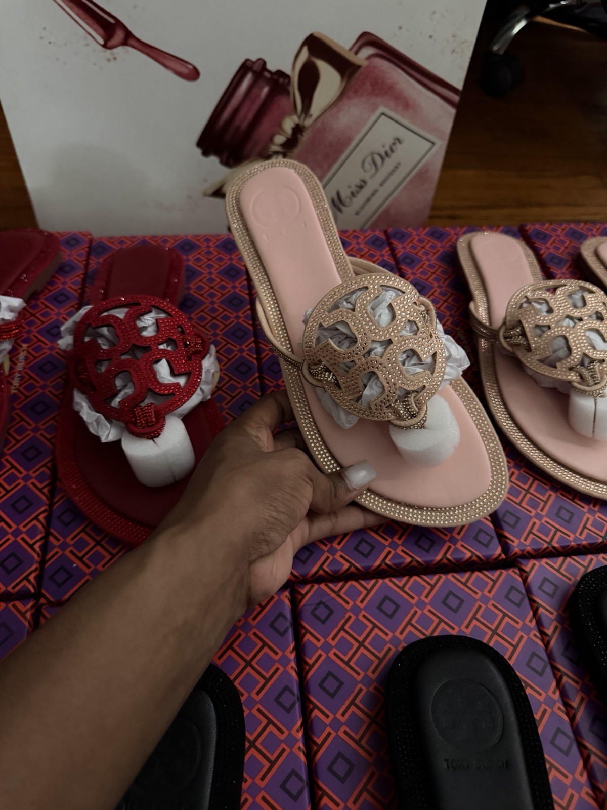 Tory Burch Rhinestone Thong Slip-On Sandals Black Red Beige Breathable Women