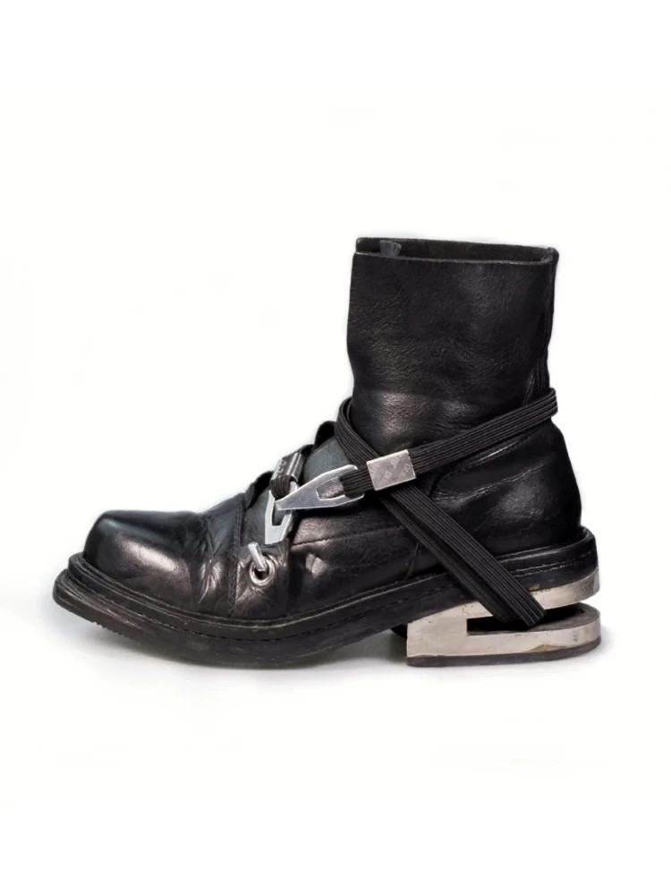 Men’s Motorcycle Boots Metal Chunky Heel Mid-Calf Round Toe Western Boots Couple