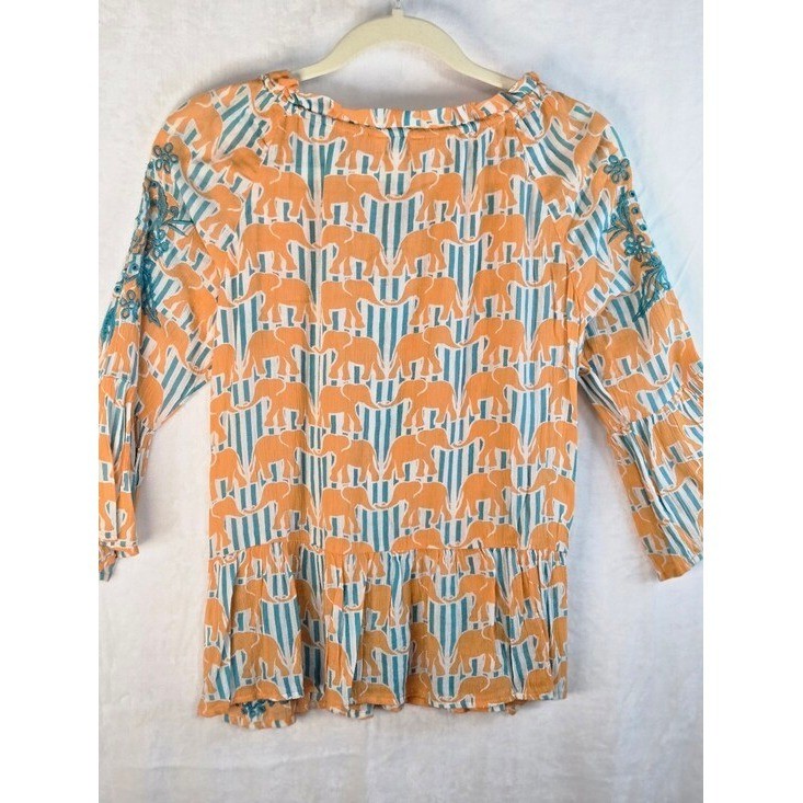 Crown & Ivy Orange Elephant Print Embroidered Peasant Blouse XS Teal Stripe