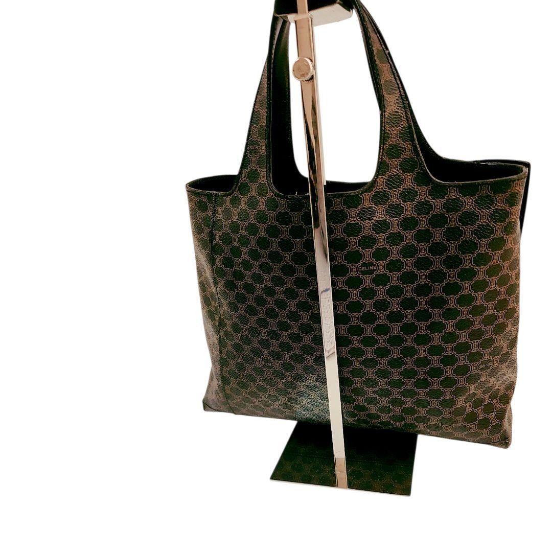 CELINE Macadam Triomphe Leather PVC Handbag Black Brown Vintage Authentic